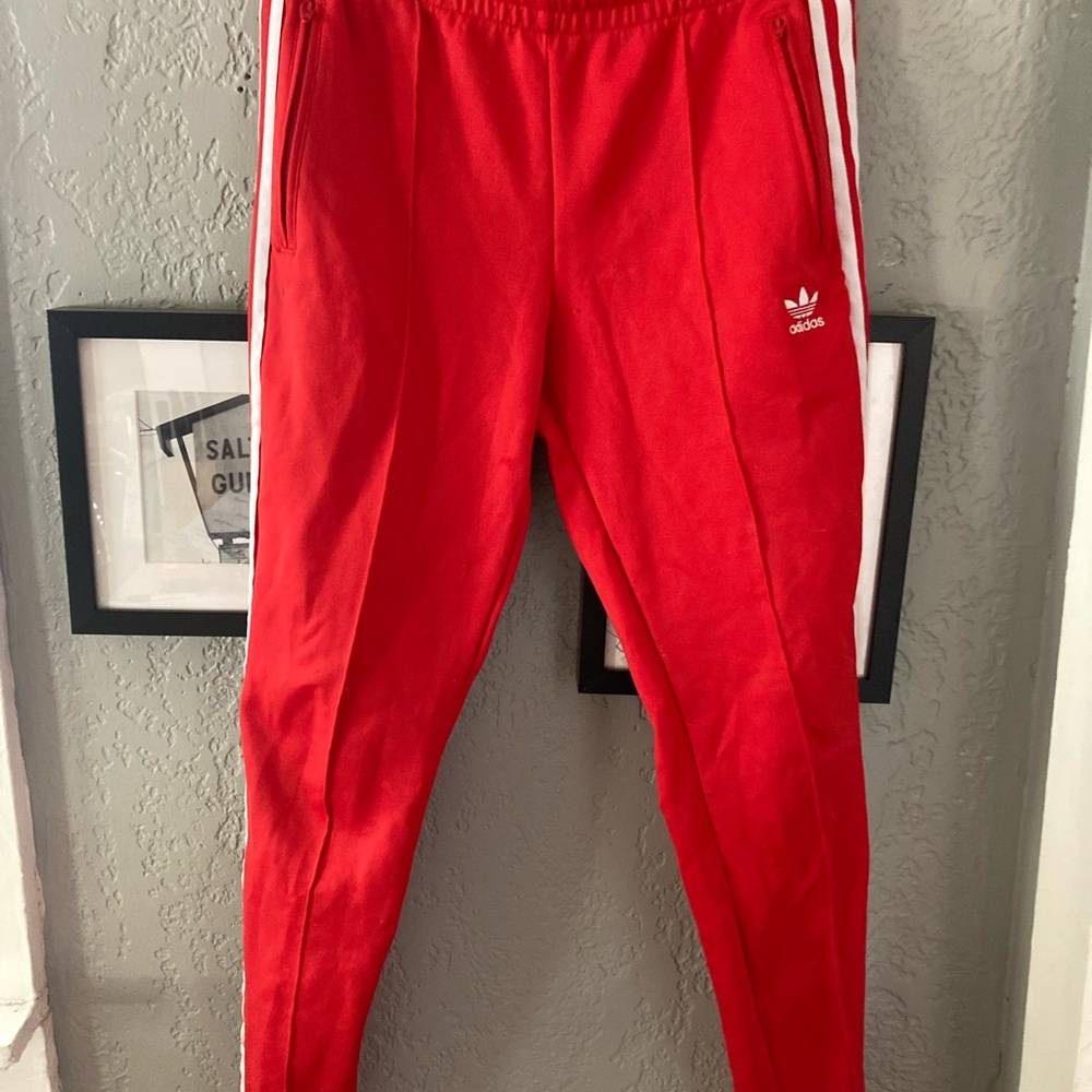Adidas Kids Red Joggers with White Stripes